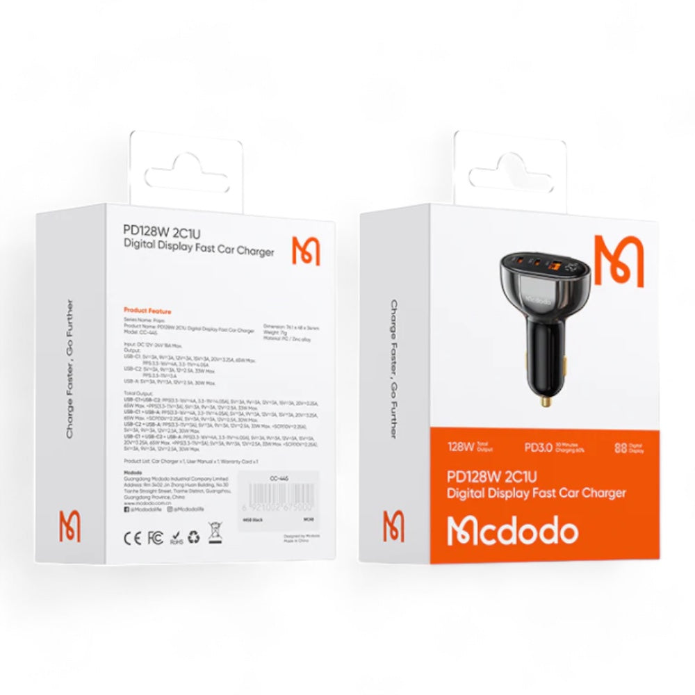 Cargador mcdodo carro cc-4450 128w dual usb c+ usb car charger color negro  Shop name