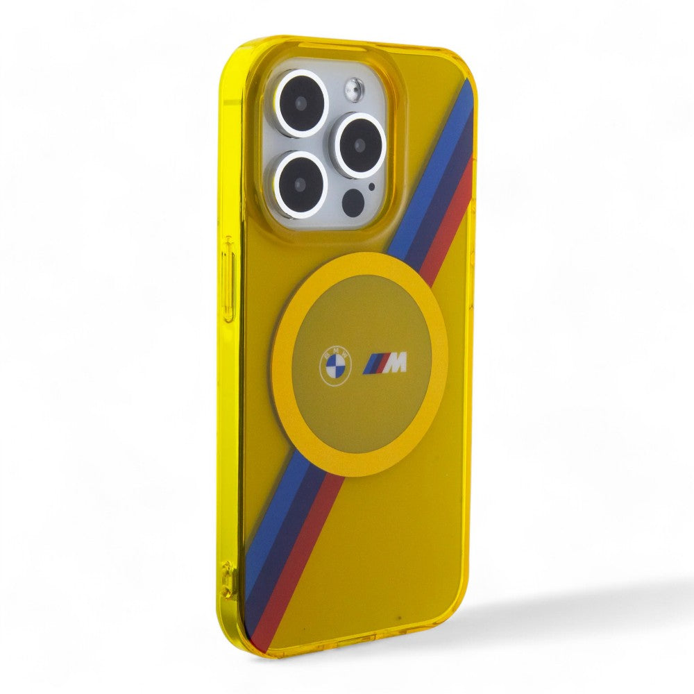 Estuche bmw magsafe iphone 15 pro pc/tpu yellow hard case magsafe m tricolor stripes color amarillo