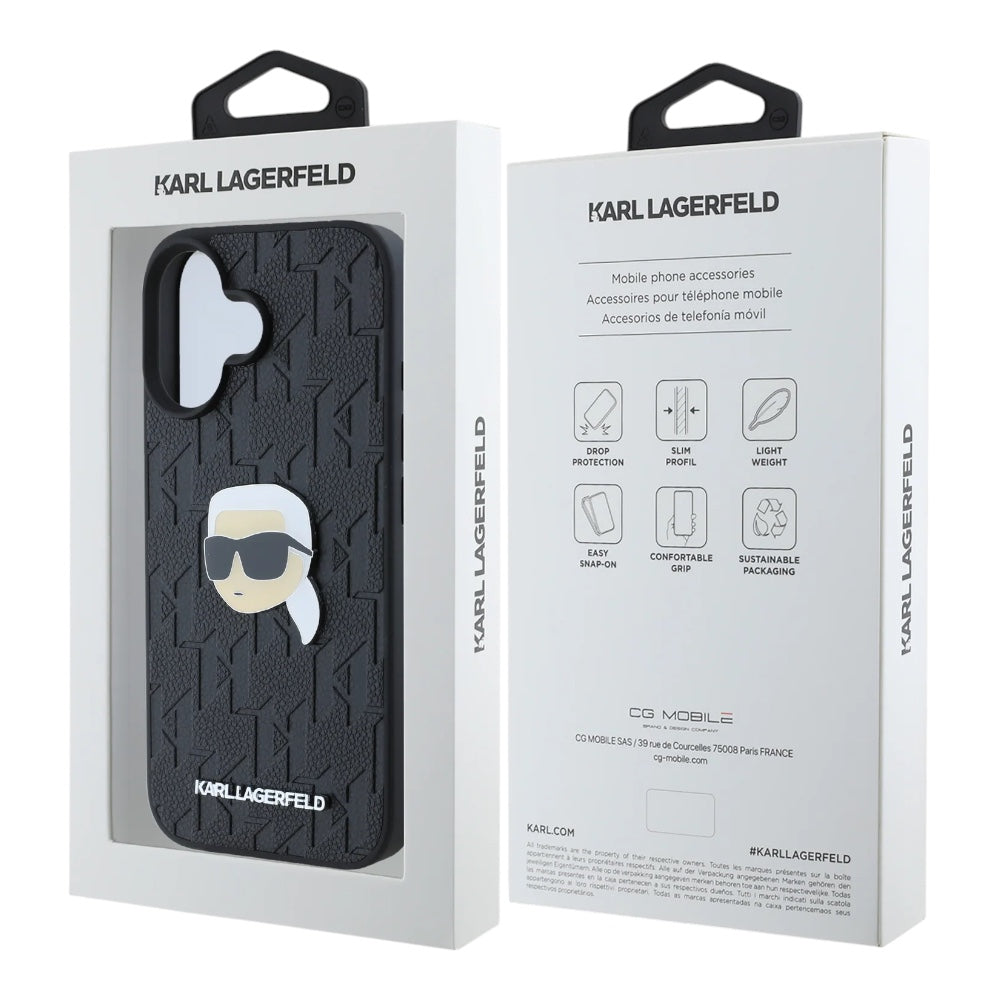 Estuche karl lagerfeld skin iphone 16 karl hc pu monogram k. head pin color negro Shop name