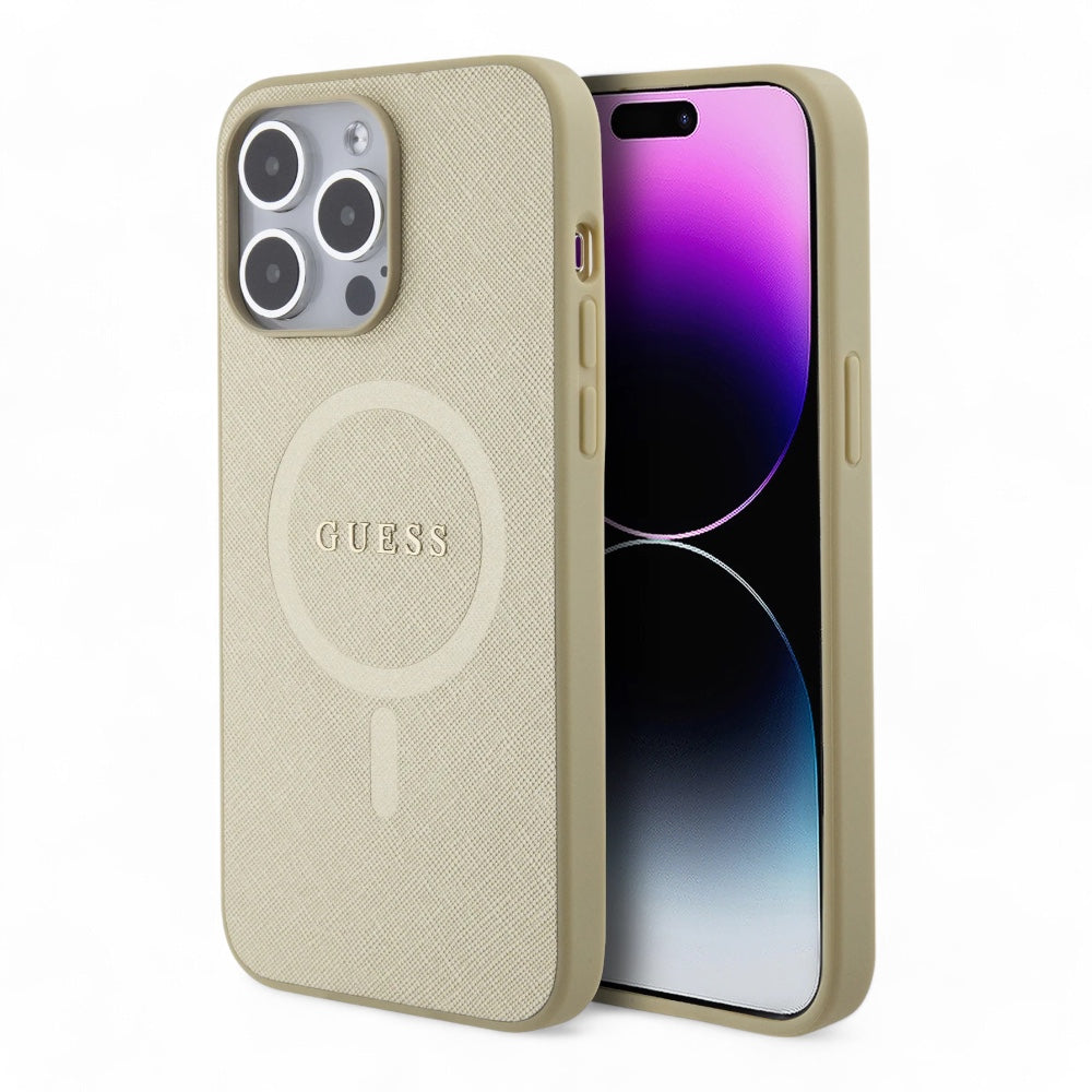 Estuche guess hc pu saffiano magsafe beige iphone 15 pro max color beige