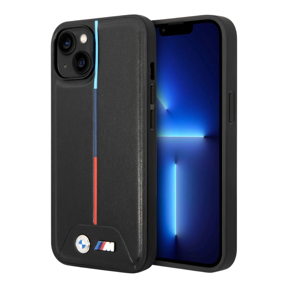 Estuche bmw skin iphone 15 pu leather black quilted tricolor design color negro