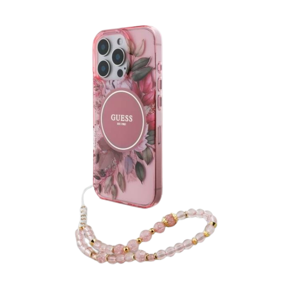 Guess hc magsafe iml flowers with pearl strap pink iphone 16 pro Shop name
