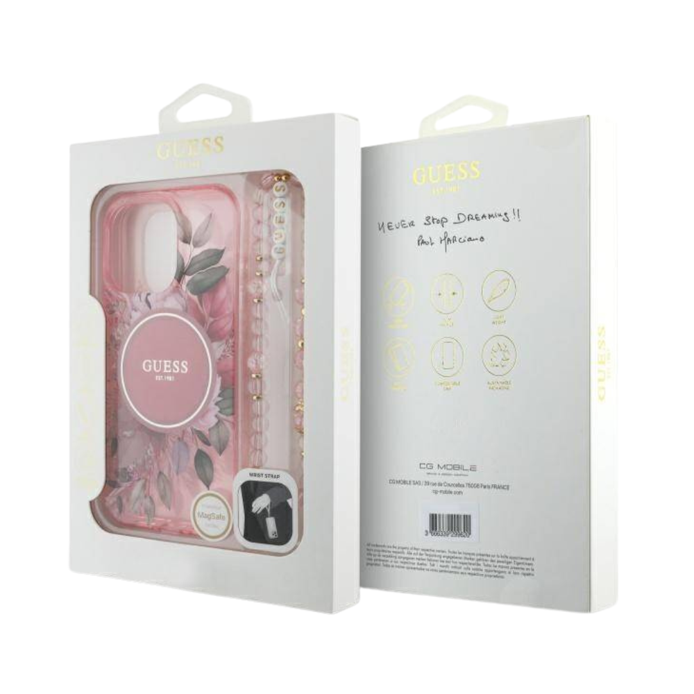 Guess hc magsafe iml flowers with pearl strap pink iphone 16 pro Shop name