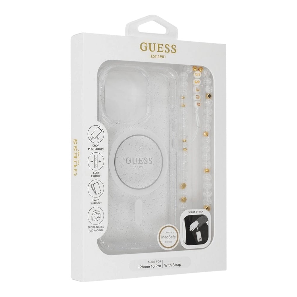 Funda Guess MagSafe IML Glitter Con Correa Perla Transparente Para iPhone 16 Pro Shop name