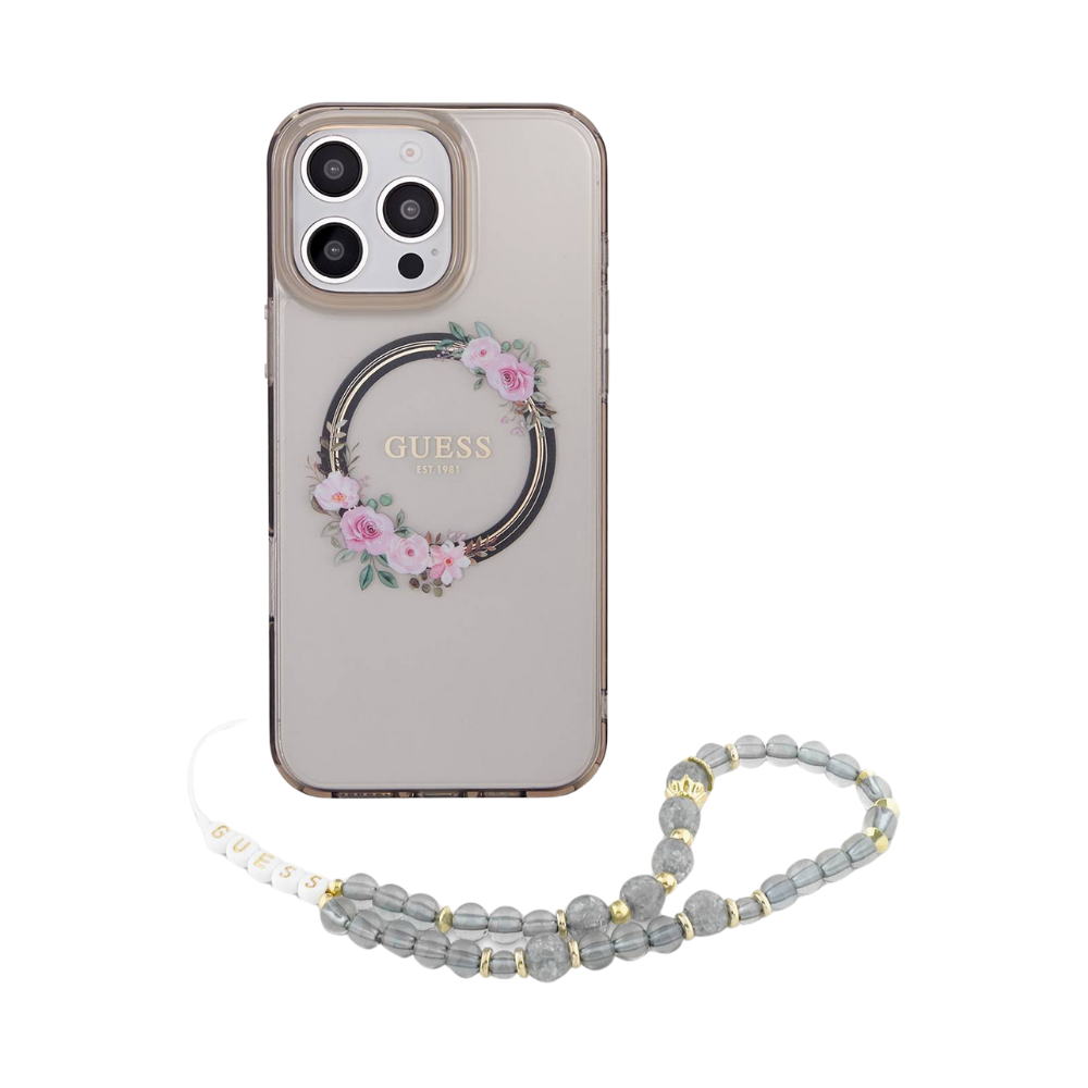 Guess hc magsafe grained pu w/flower charm strap pink iphone 16 pro Shop name