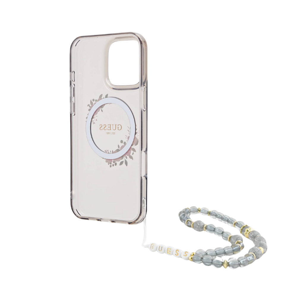 Guess hc magsafe grained pu w/flower charm strap pink iphone 16 pro Shop name