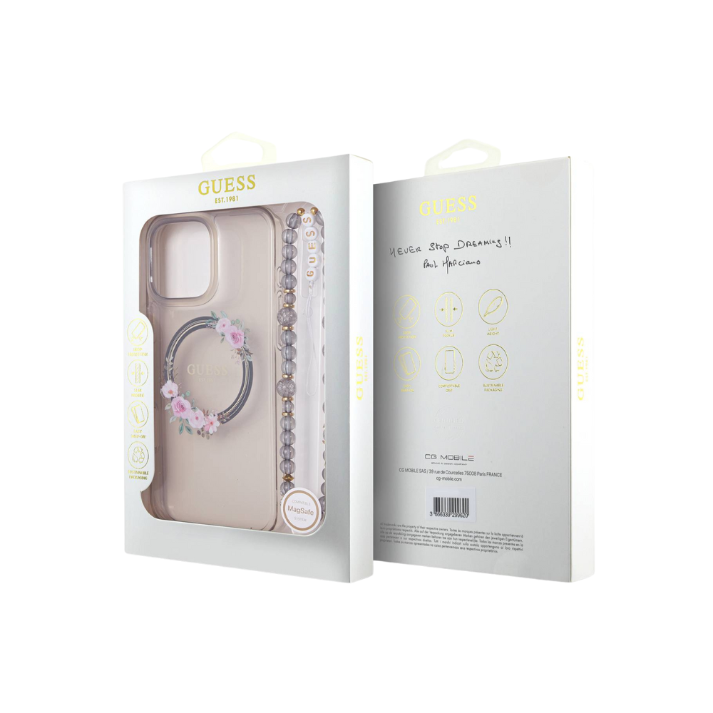 Guess hc magsafe grained pu w/flower charm strap pink iphone 16 pro Shop name
