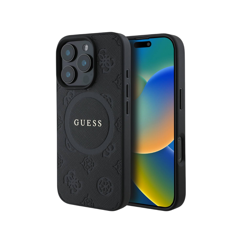 Guess hc magsafe saffiano peony classic logo black iphone 16 pro Shop name
