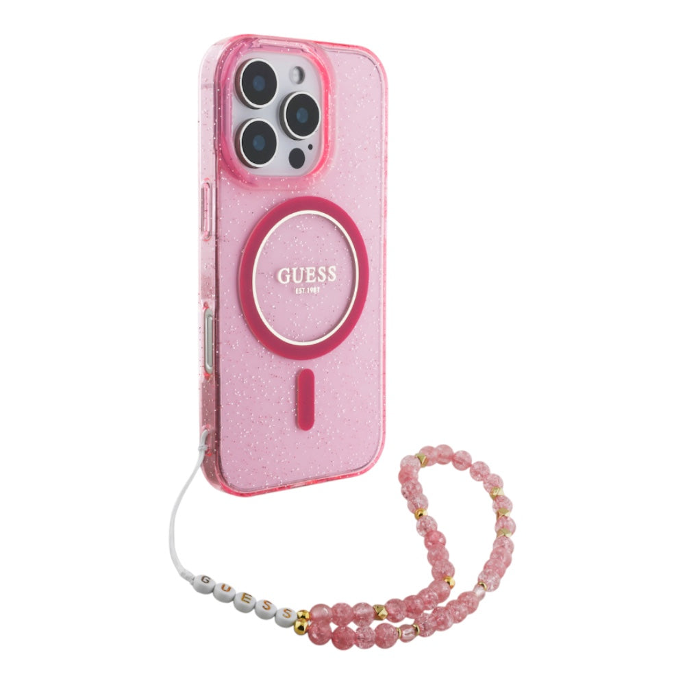 Funda Guess MagSafe Glitter IML Con Correa Perla Rosa Para IPhone 16 Shop name