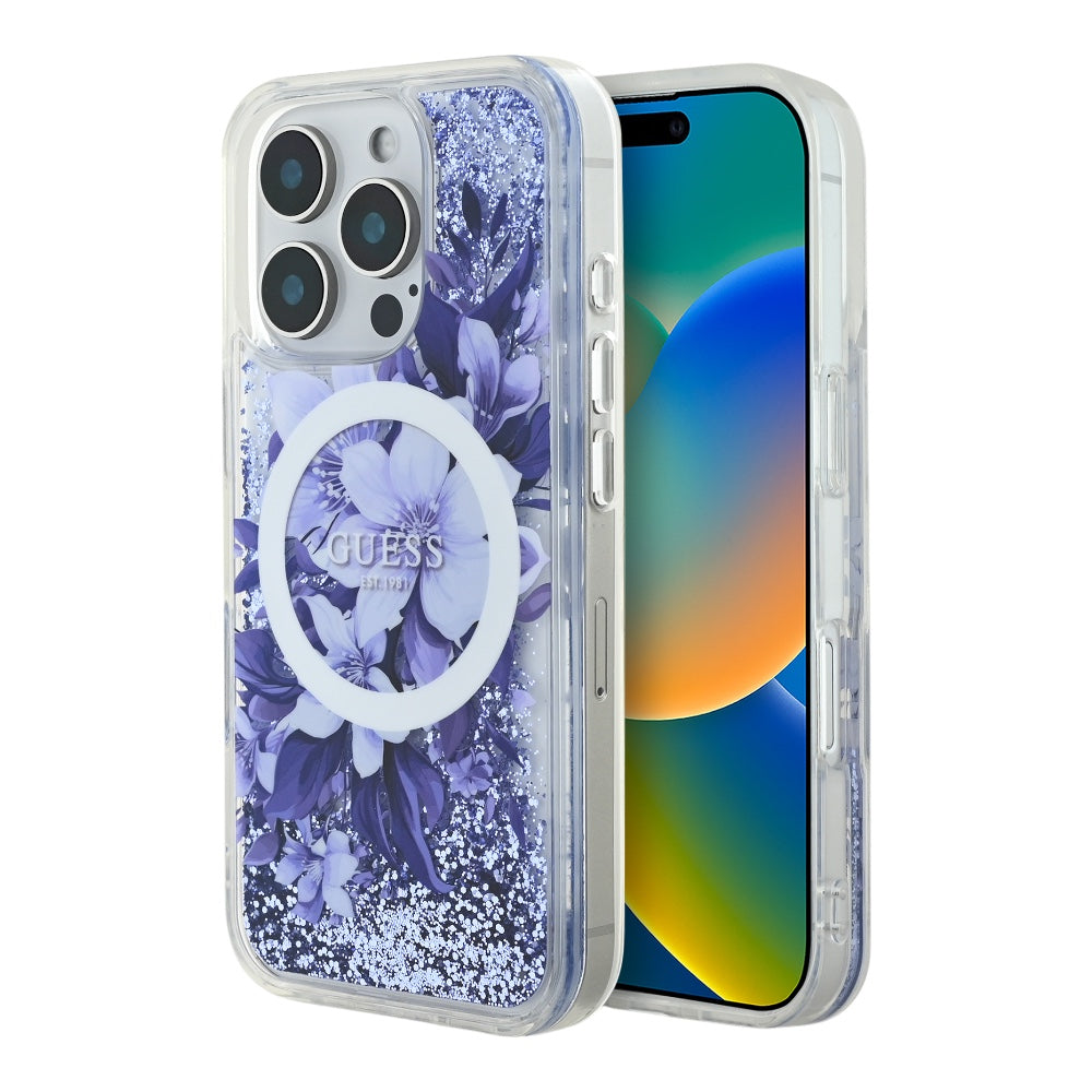Funda Guess MagSafe Glitter Líquido Flor Morada Para iPhone 16 Shop name