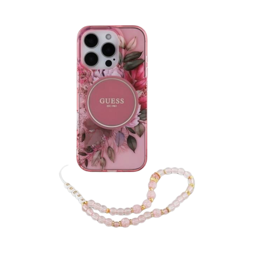 Guess hc magsafe iml flowers with pearl strap pink iphone 16 pro max Shop name