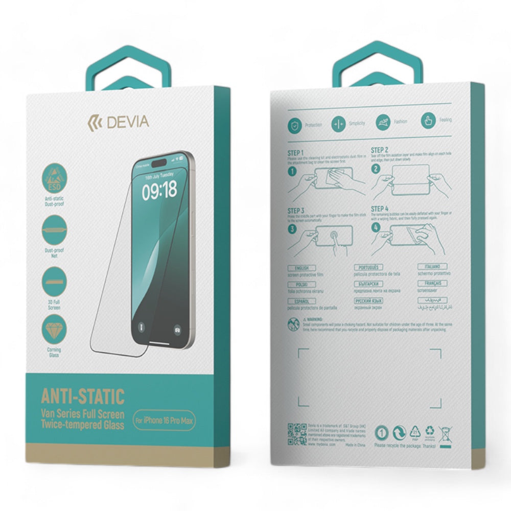 Protector pantalla devia vidrio templado iphone 16 pro van series full screen anti-static twice-tempered glass color transparente Shop name
