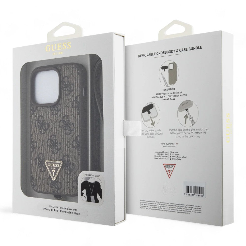 Estuche guess hard case iphone 15 pro pu leather brown hard case metal logo strass crossbody color caf_ Shop name