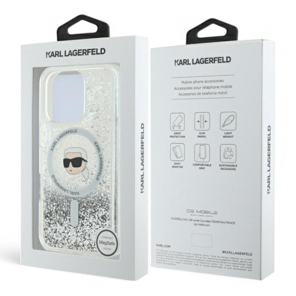 Funda Karl Lagerfeld MagSafe de Glitter Líquido Transparente para iPhone 16 Pro Shop name