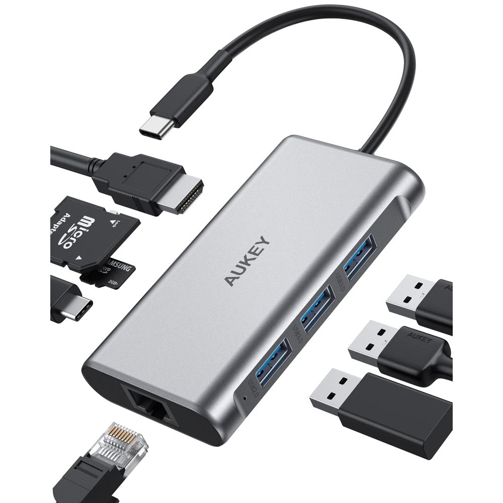 Adaptador aukey hub 8 en 1 con usb c para tablet o computadora Shop name