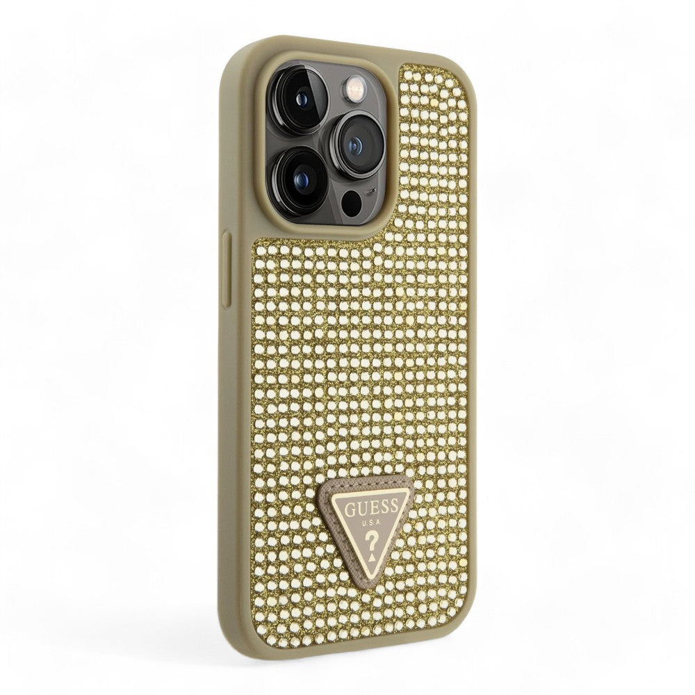 Estuche Duro Guess Para Iphone 15 Pro PC TPU Dorado Con Rhinestone Triángulo Shop name