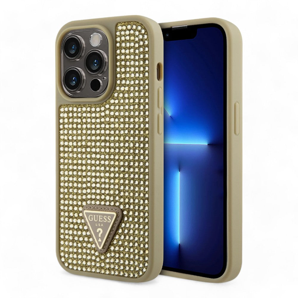 Estuche Duro Guess Para Iphone 15 Pro PC TPU Dorado Con Rhinestone Triángulo Shop name