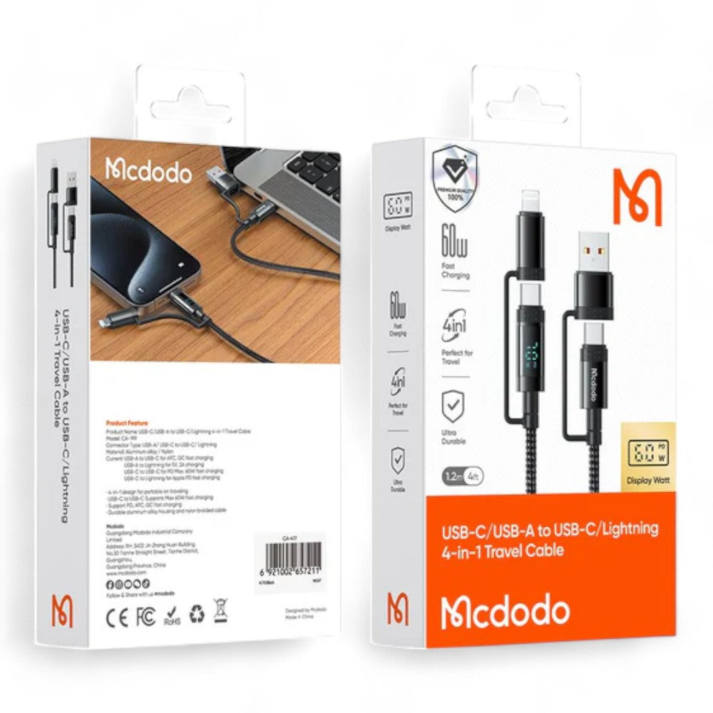 Cable mcdodo usb ca-1990 mcdodo 4 en 1 charging cable + led watt display color negro