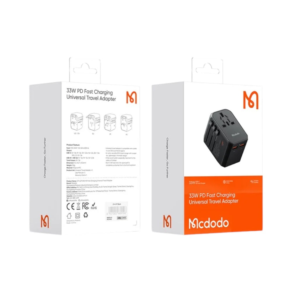 Cargador mcdodo cp-4290 pared  de viaje universal  de 33w 3 puertos carga rápida color negro