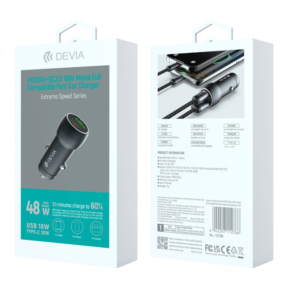 Devia EA507 Extreme Speed Series PD30W+QC3.0 18W Metal Full Compatible Fast Car Charger color Deep Sky Gray