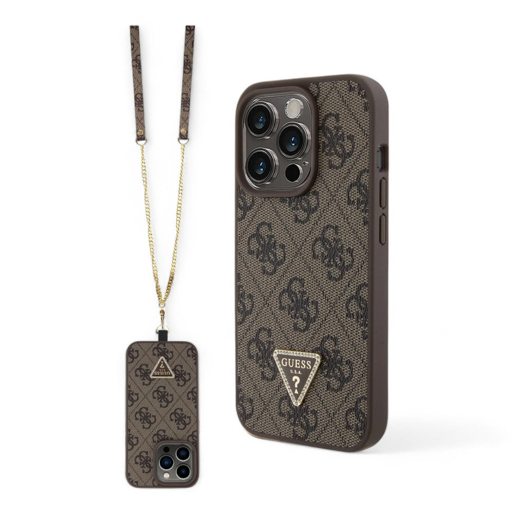 Estuche guess hard case iphone 15 pro pu leather brown hard case metal logo strass crossbody color caf_