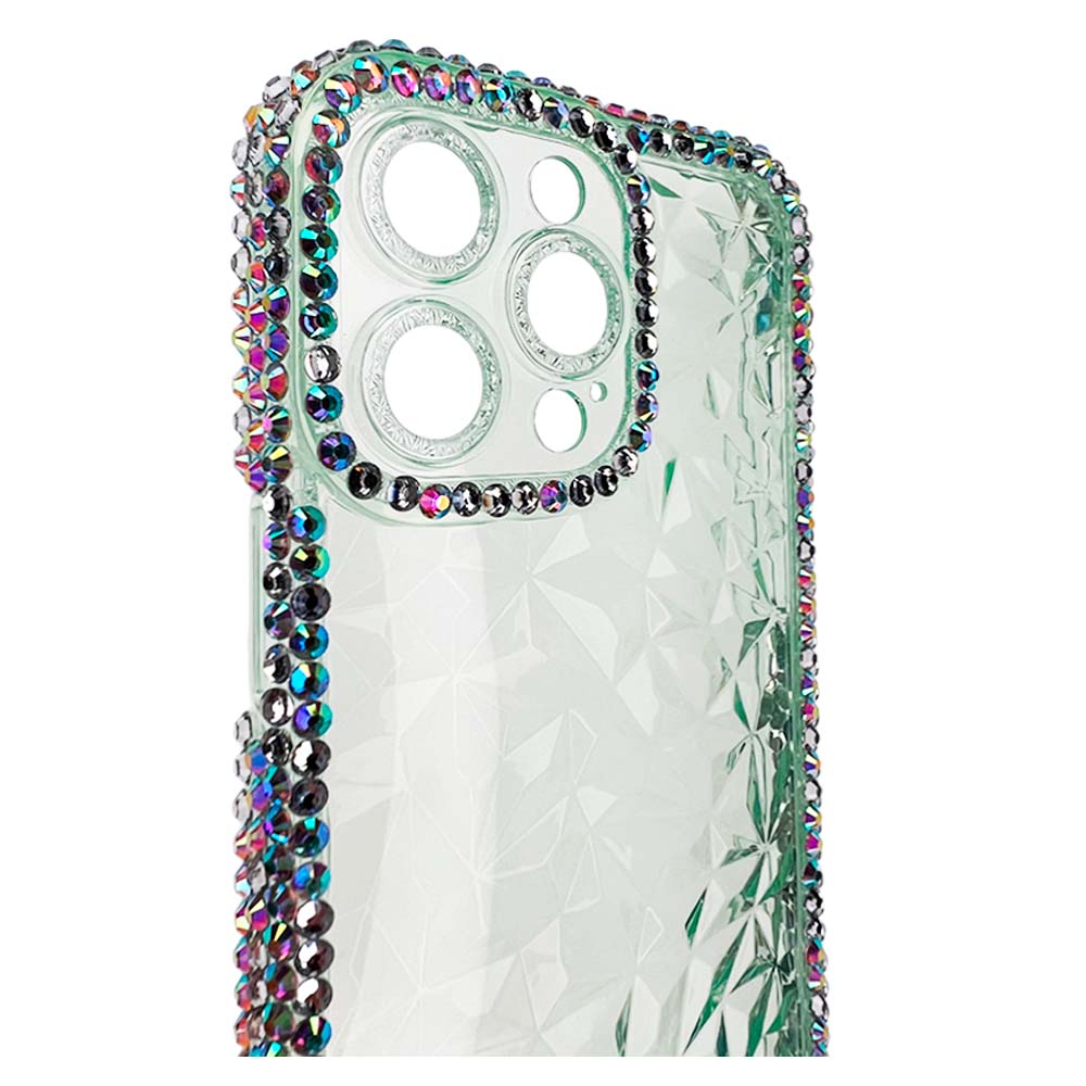 Estuche el rey marco iphone 13 pro max diamantes transparente color verde