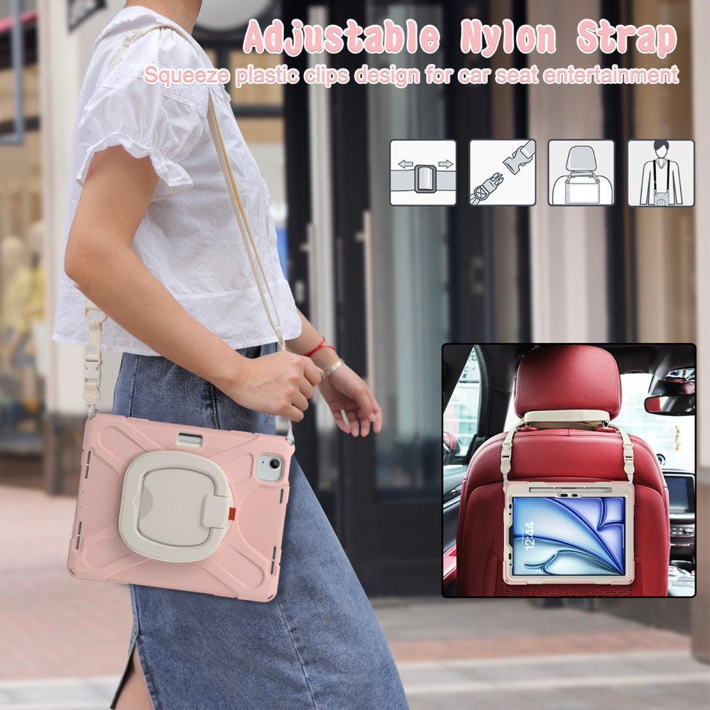Estuche pirate b series modelo ipad air 11 2024 color rosado / blanco con strap