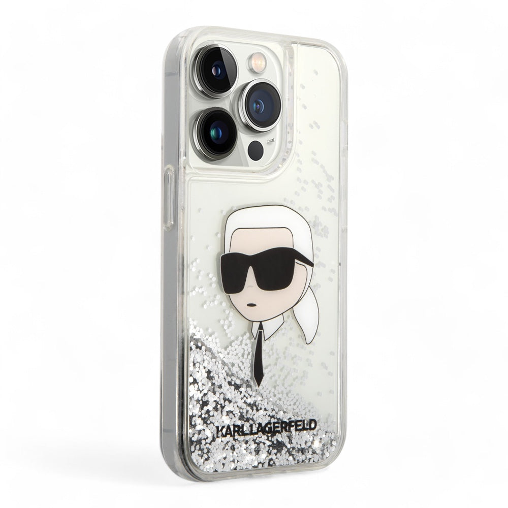 Estuche karl lagerfeld hc liq. glitter nft k.head silver iphone 15 pro max color gris