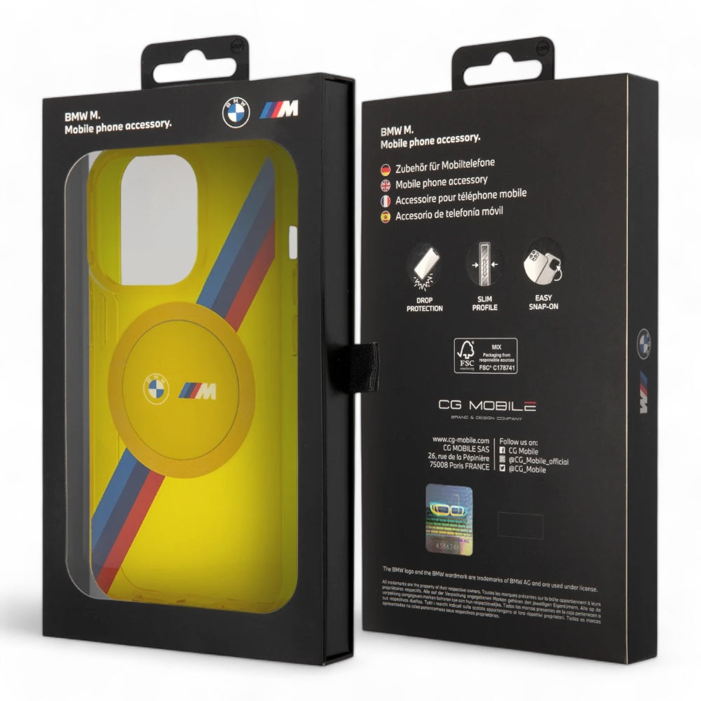 Estuche bmw hc magsafe m tricolor stripes yellow iphone 15 pro max color amarillo