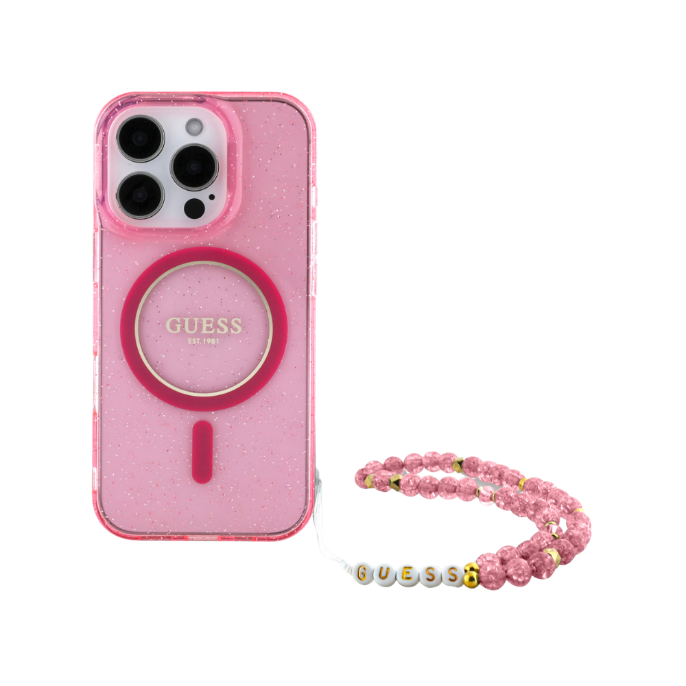 Guess hc magsafe iml glitter with pearl strap pink ip16 pro iphone 16 pro