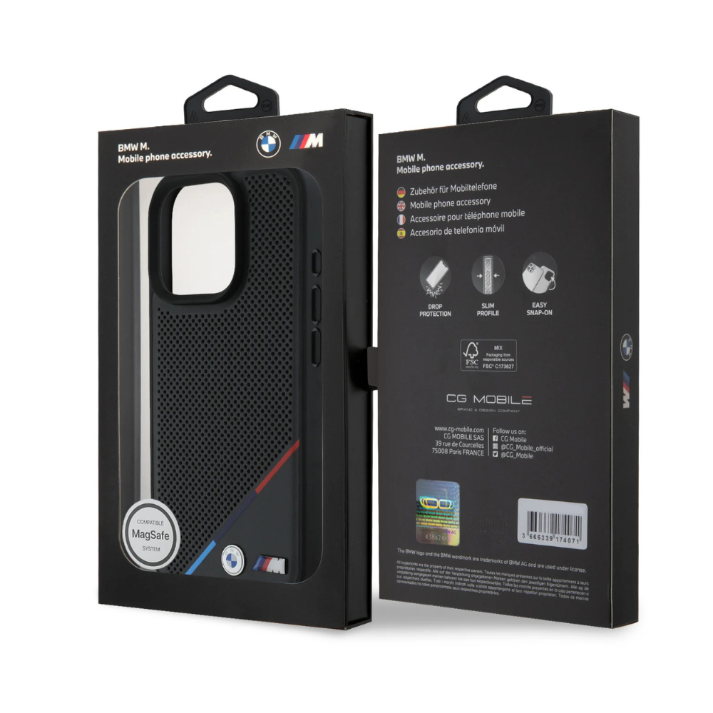 BMW hc m magsafe pu perforated tricolor line black iphone 16 pro