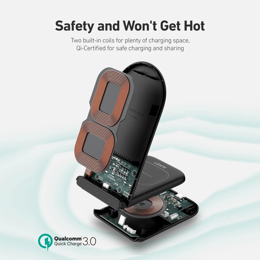 Cargador aukey inalambrico 2 in 1 wirelesfast (bk / wh) color  negro