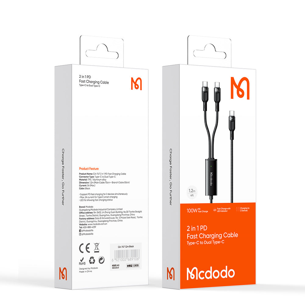 Cable mcdodo adaptador tipo c a dual tipo c 1.2m negro