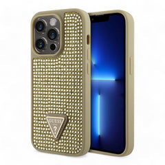 Estuche Duro Guess Para Iphone 15 Pro PC TPU Dorado Con Rhinestone Triángulo  Shop name