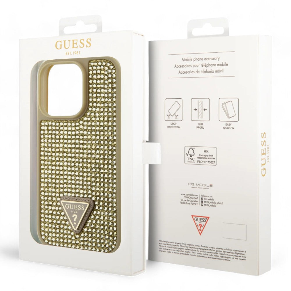 Estuche Duro Guess Para Iphone 15 Pro PC TPU Dorado Con Rhinestone Triángulo  Shop name