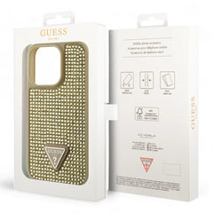 Estuche Duro Guess Para Iphone 15 Pro PC TPU Dorado Con Rhinestone Triángulo  Shop name